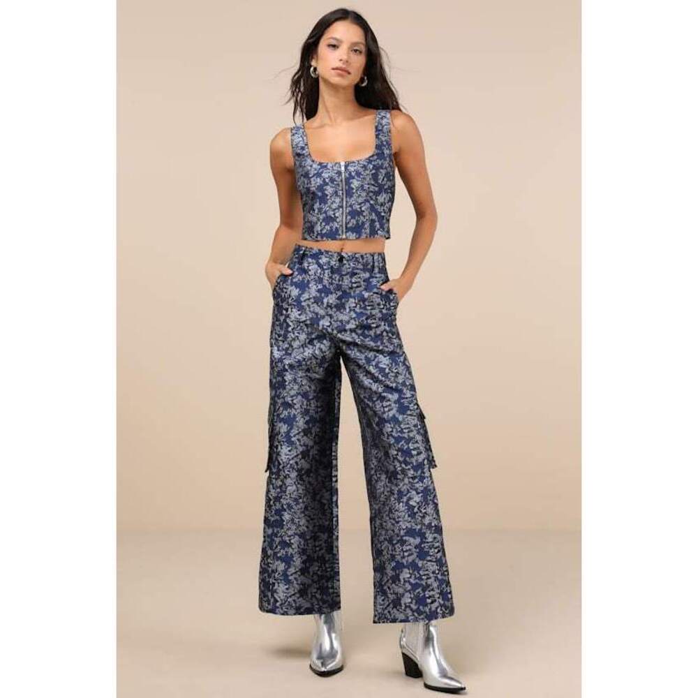 Lulus Aesthetic Confidence Navy Jacquard Cargo Pants Blue - Size M